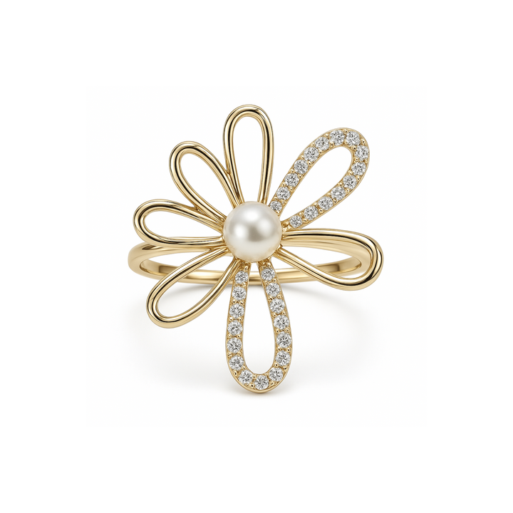 Pearl & Diamond Floral Ring