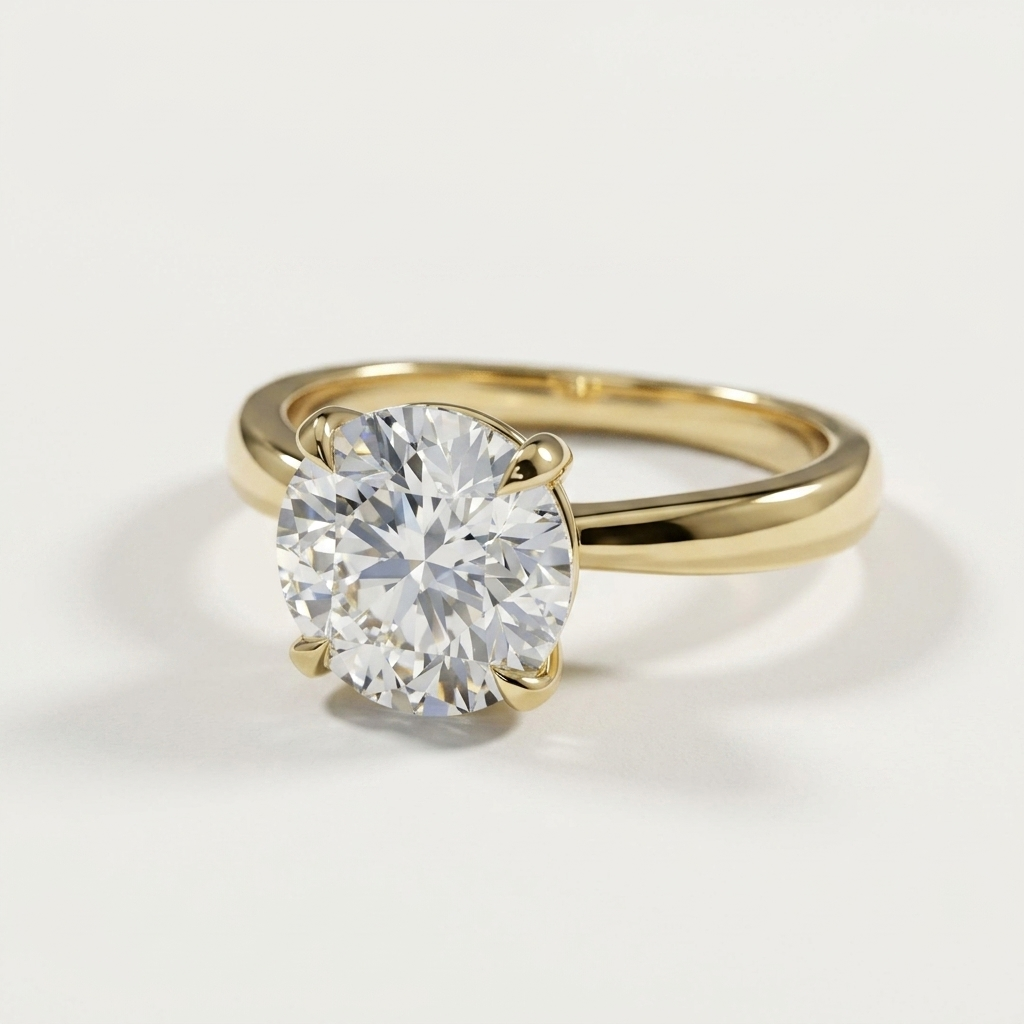 Round diamond pinched solitaire yellow gold engagement ring, side view