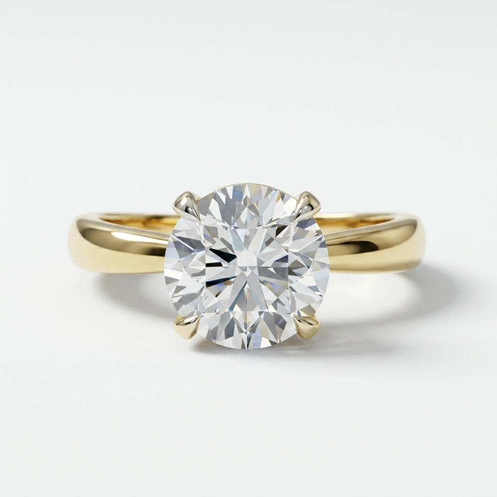 A classic solitaire engagement ring featuring a round brilliant-cut diamond set in a yellow gold four-prong pinched band, photographed on a clean white background.