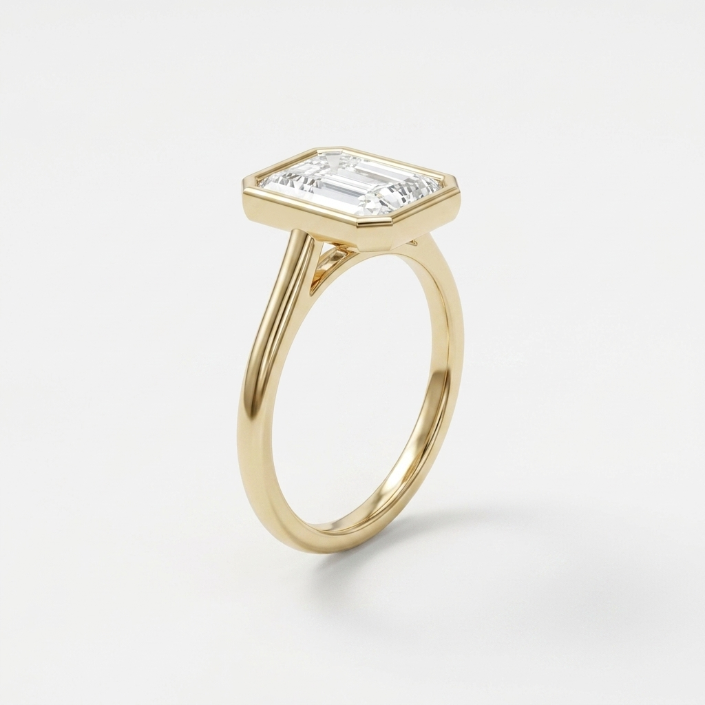 Bezel set radiant diamond solitaire ring, detail view