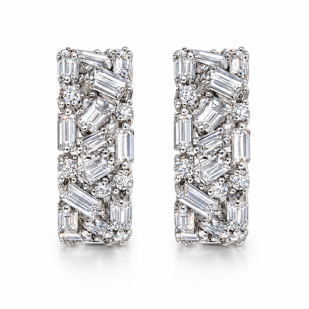 Round & Baguette Diamond Hoop Earrings