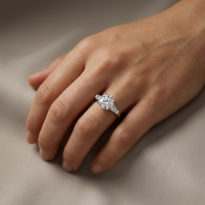 Round and baguette three stone engagement ring, additional view