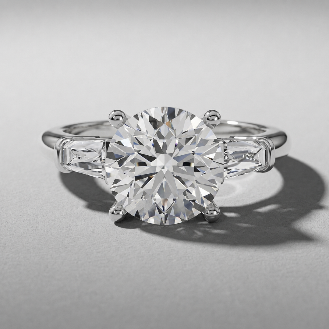 Round and baguette three stone engagement ring, alternate view