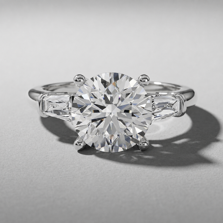 Round and baguette three stone engagement ring, alternate view
