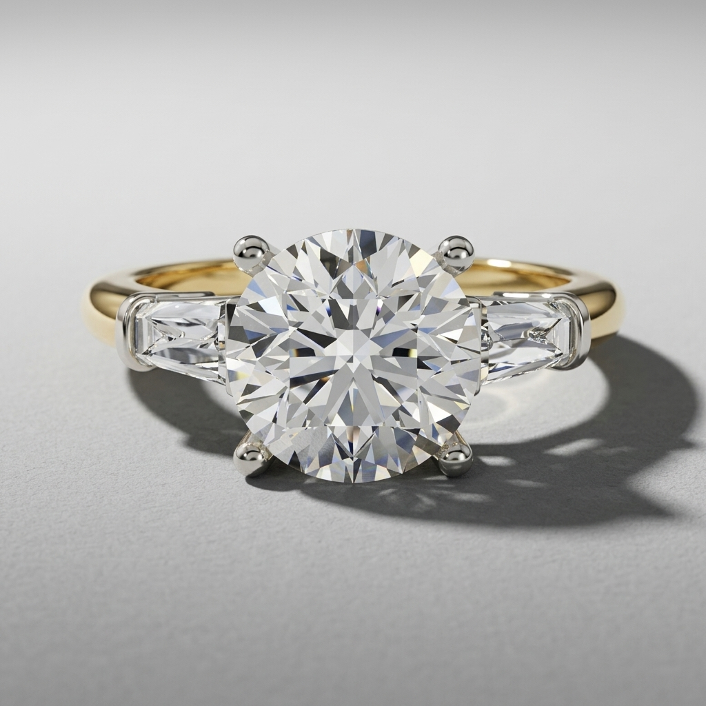 Three stone engagement ring with round center diamond and baguette side stones