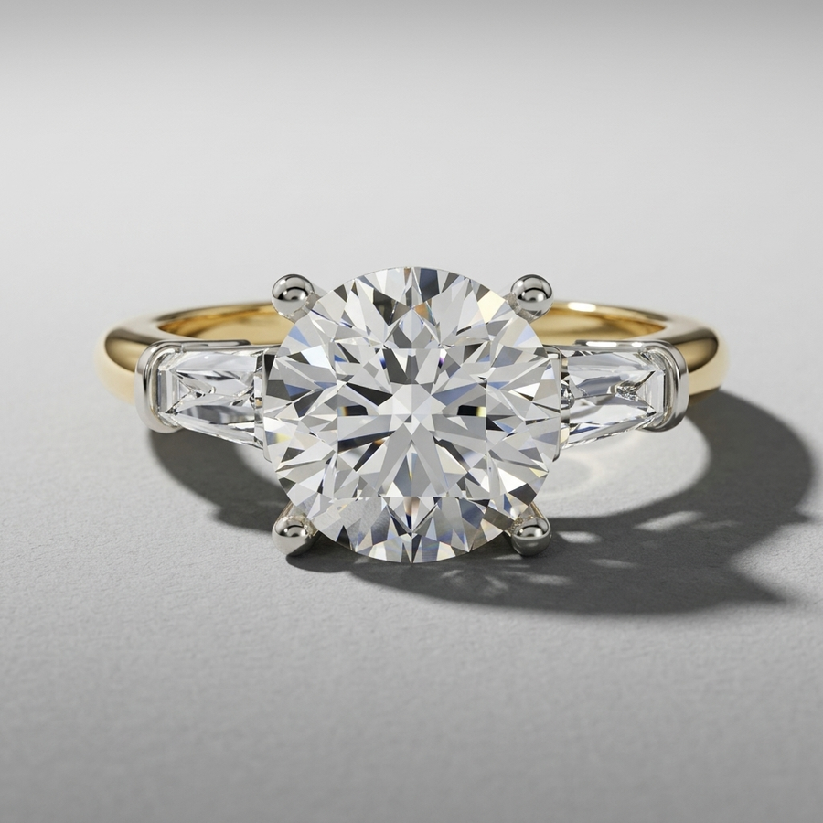 Three stone engagement ring with round center diamond and baguette side stones