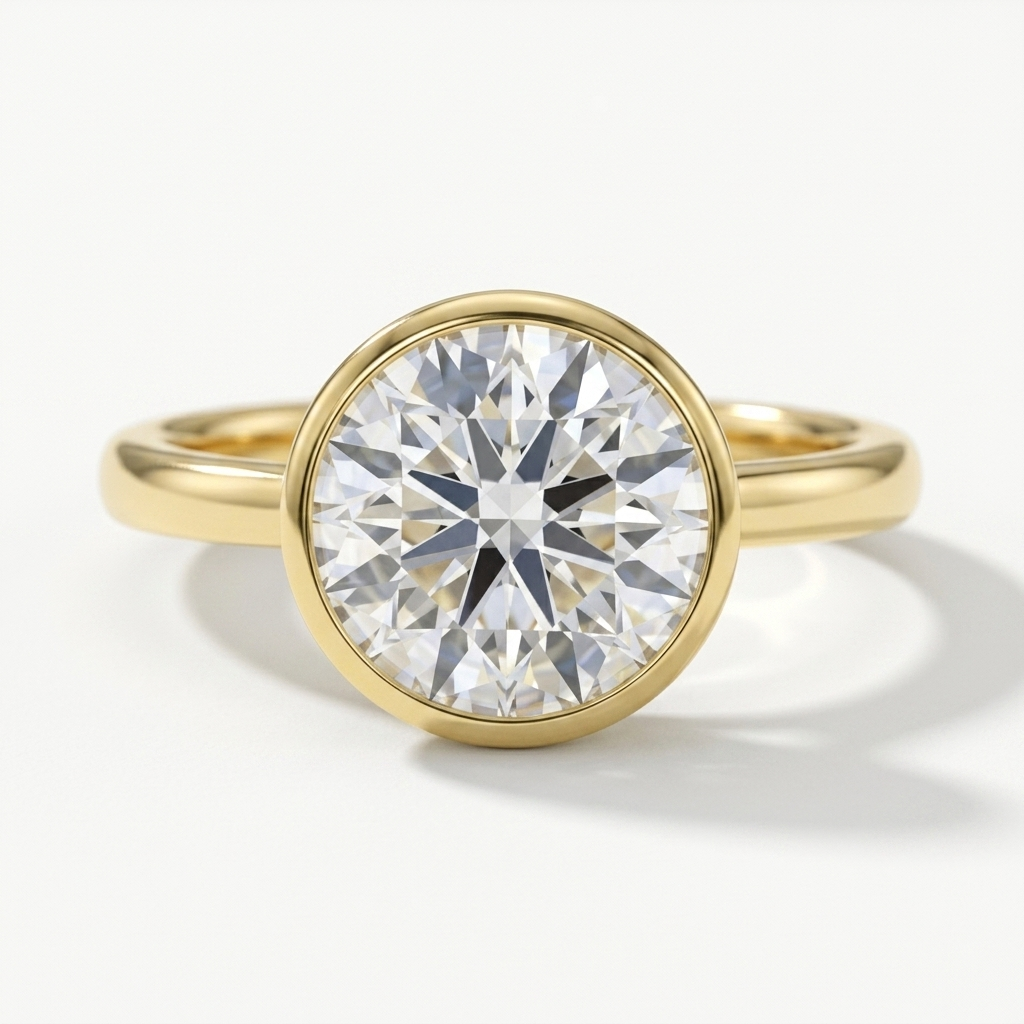 A yellow gold solitaire engagement ring featuring a large round brilliant-cut diamond set in a bezel setting, shown on a clean white background.