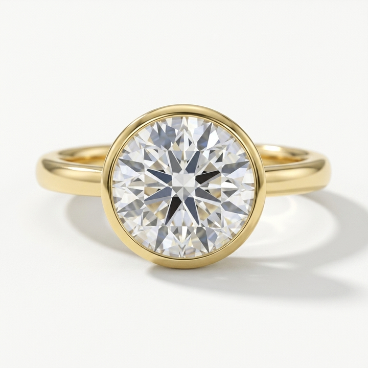 A yellow gold solitaire engagement ring featuring a large round brilliant-cut diamond set in a bezel setting, shown on a clean white background.