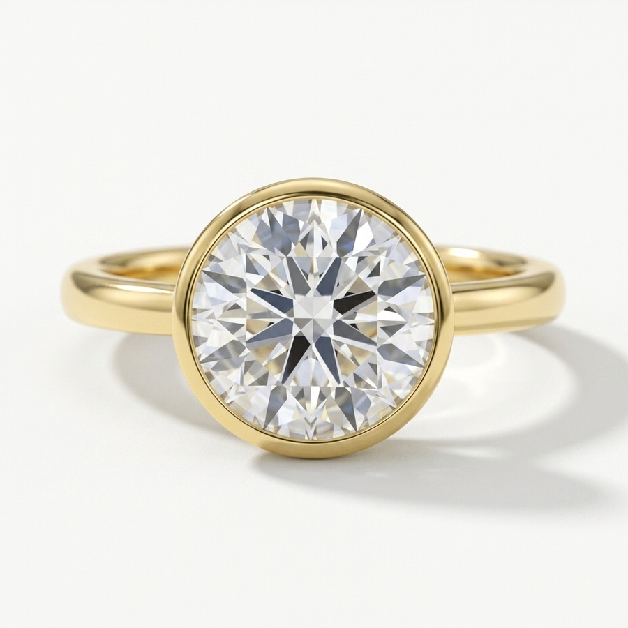 A yellow gold solitaire engagement ring featuring a large round brilliant-cut diamond set in a bezel setting, shown on a clean white background.