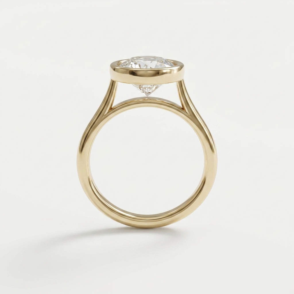 A yellow gold ring with a round brilliant-cut diamond in a bezel setting and a smaller diamond accent below, shown on a clean white background.
