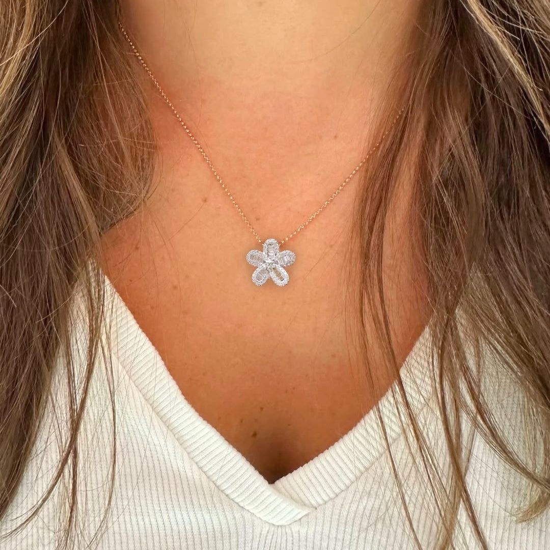 Stunning diamond floral pavé necklace, featuring a delicate floral design with sparkling pavé-set diamonds, offering a luxurious and elegant piece that adds timeless beauty to any ensemble.