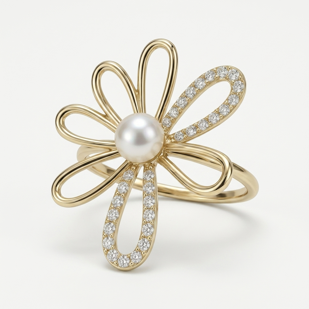 Pearl & Diamond Floral Ring
