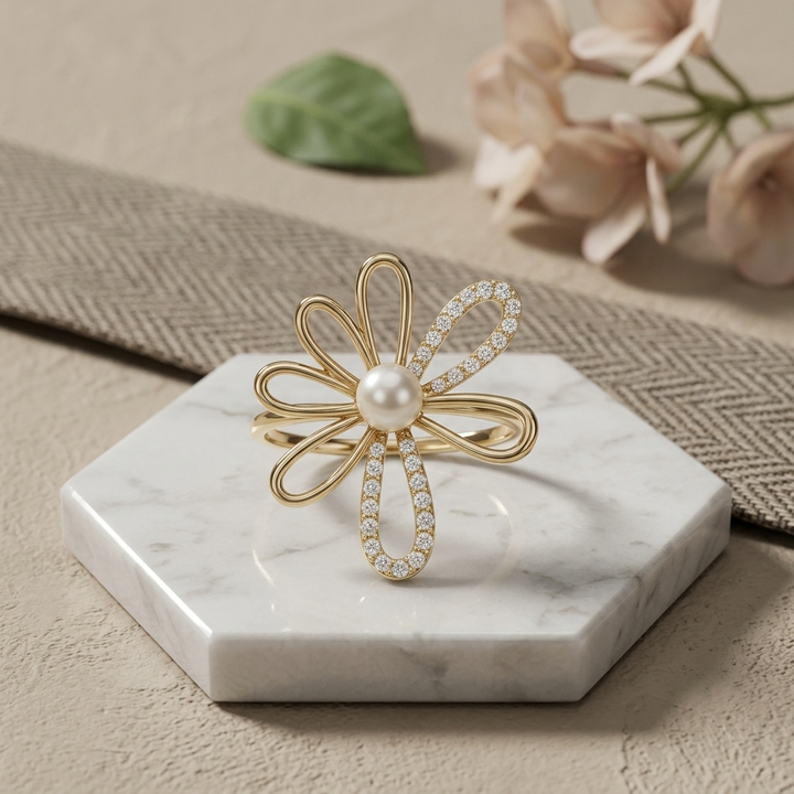 Pearl & Diamond Floral Ring