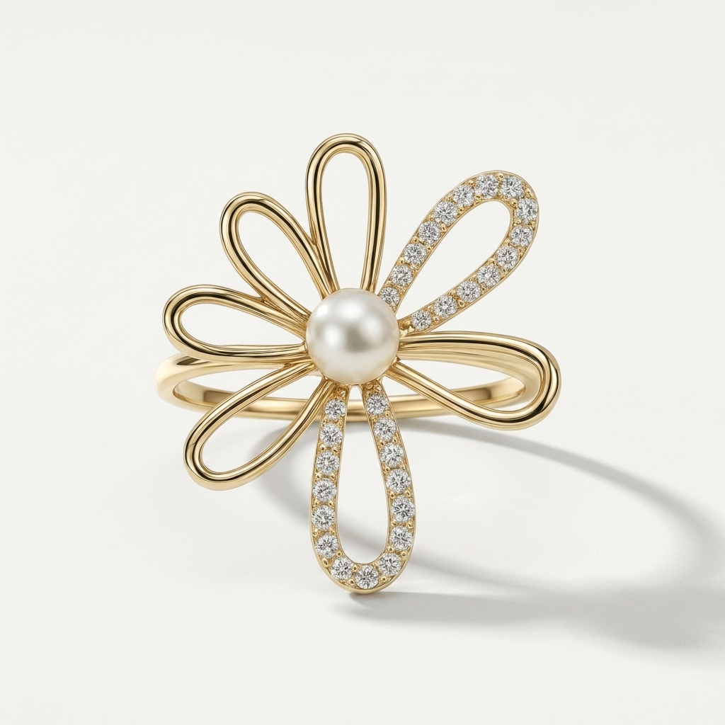 Pearl & Diamond Floral Ring