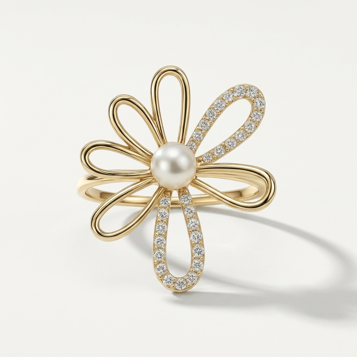 Pearl & Diamond Floral Ring