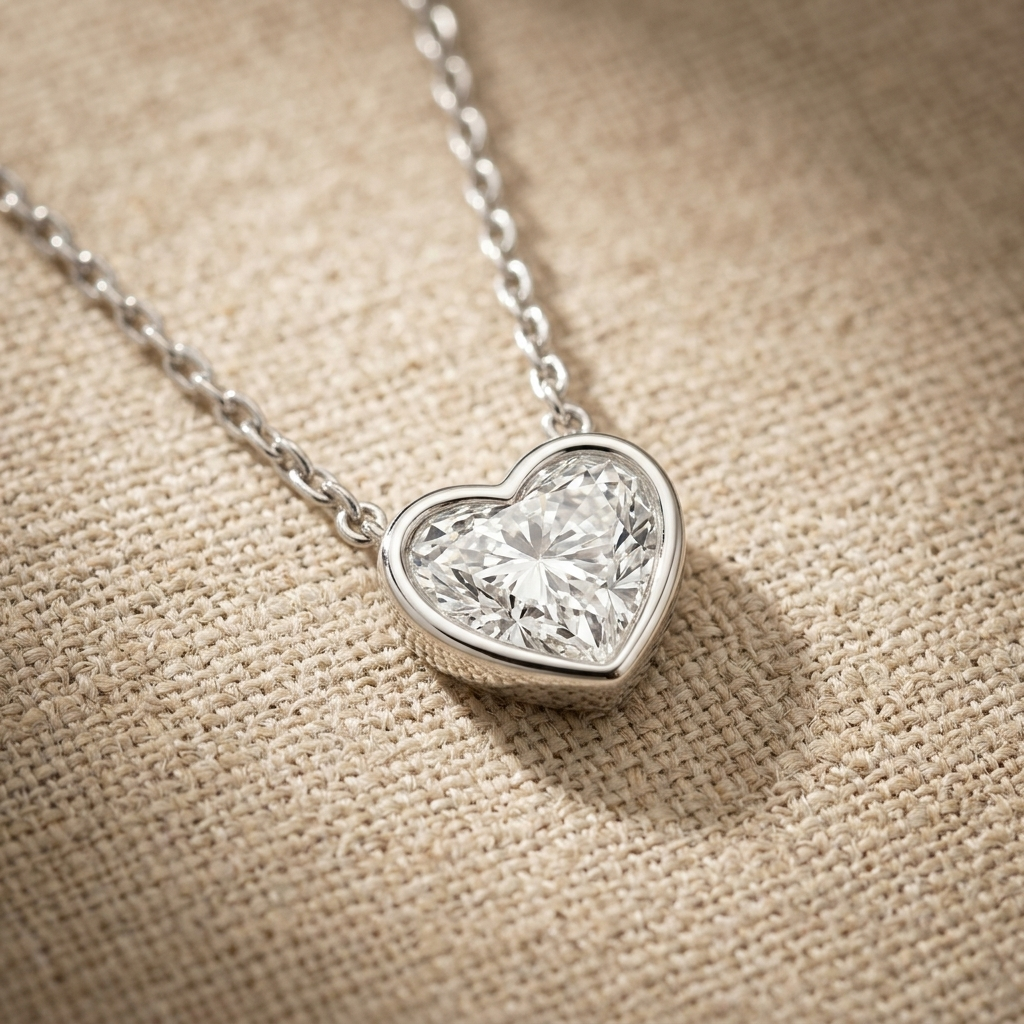 Beautiful heart-shaped lab grown diamond bezel-set necklace, adding radiant sparkle to any occasion