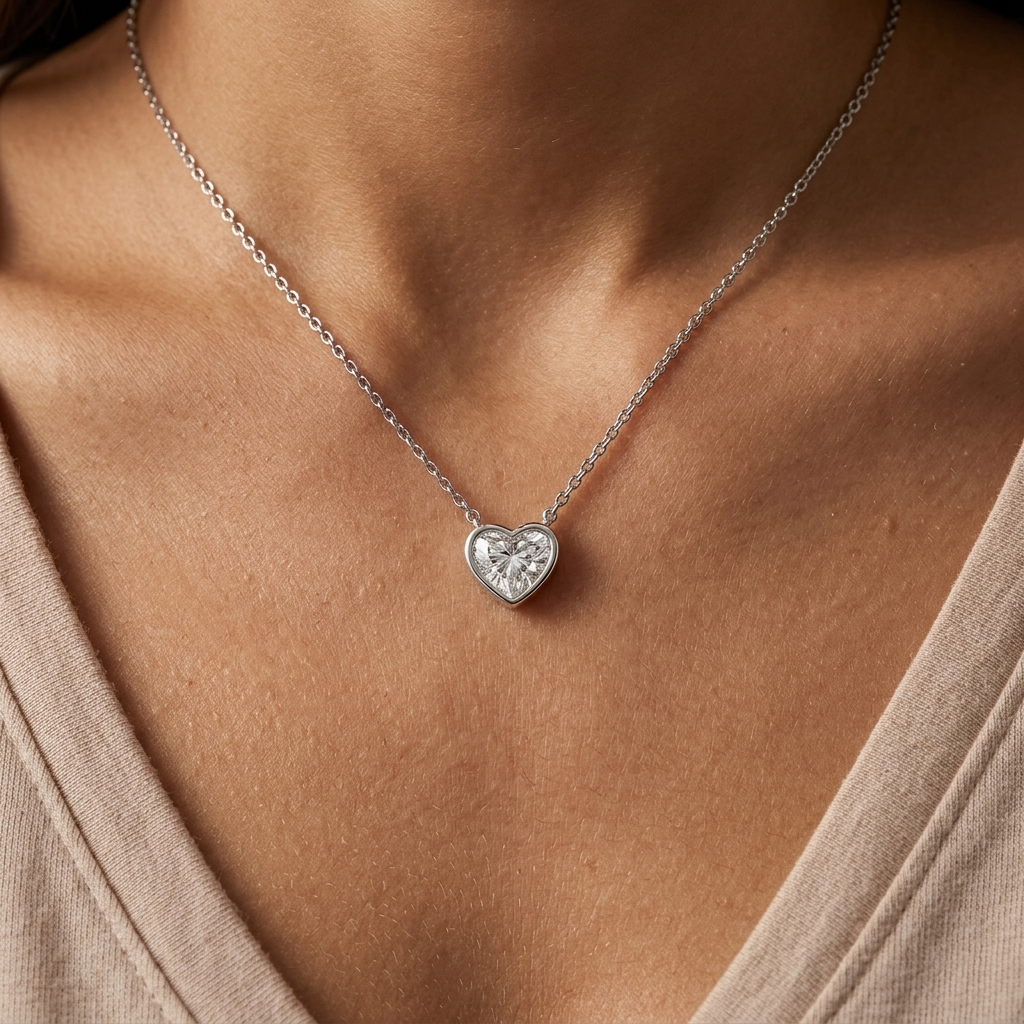 Beautiful heart-shaped lab grown diamond bezel-set necklace, adding radiant sparkle to any occasion