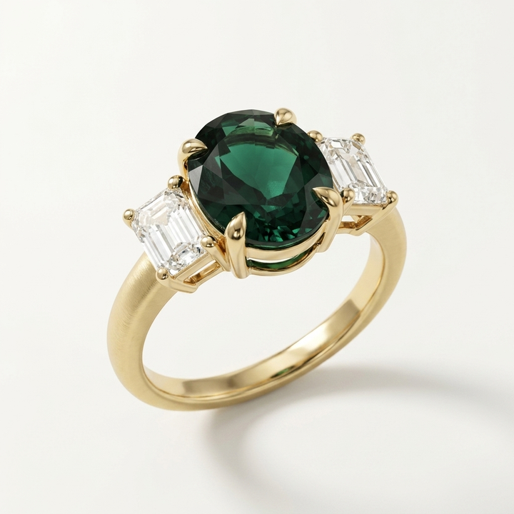 3.00ctw Oval Emerald Gemstone & Emerald Cut Lab Grown Diamond Ring