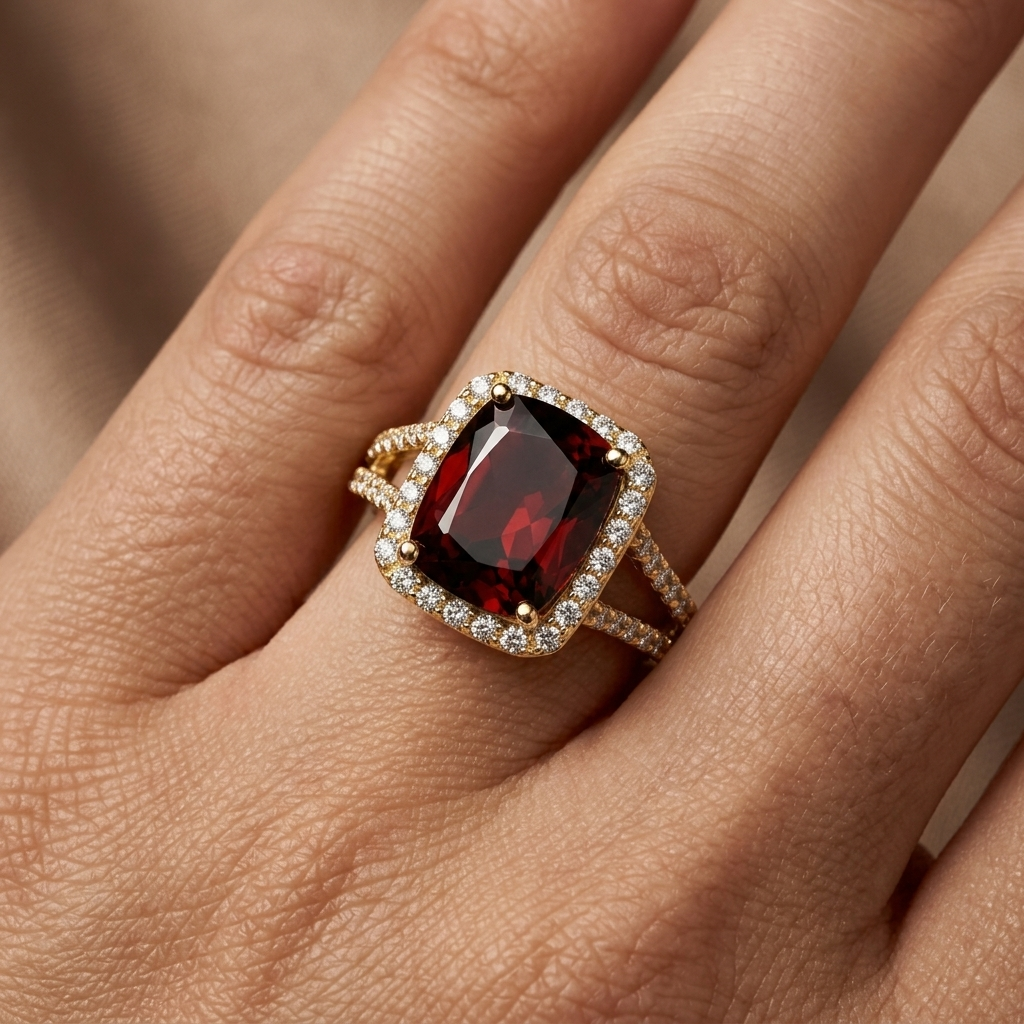 Garnet Gemstone & Diamond Halo Ring
