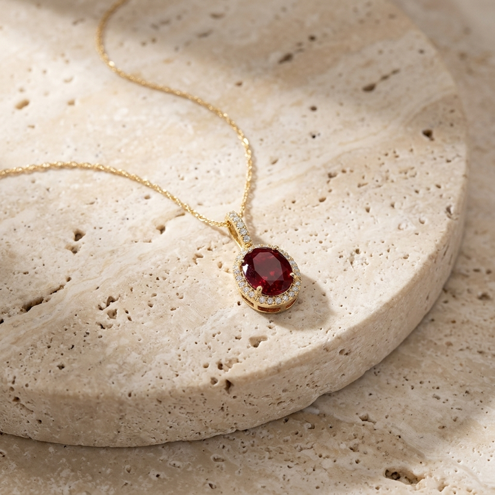 Garnet & Diamond Halo Necklace