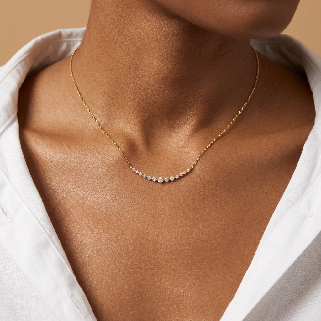 Diamond Curved Yellow Gold Necklace