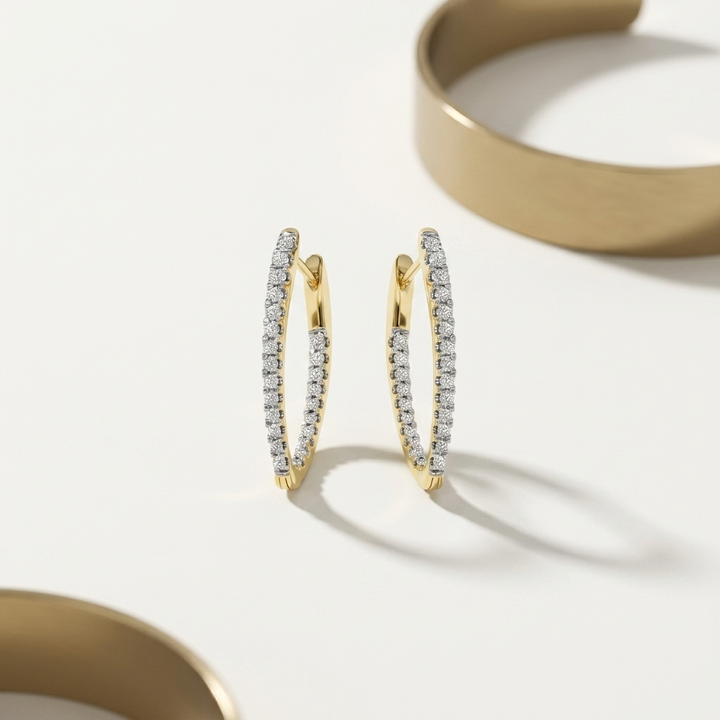 Diamond Yellow Gold Geometric Hoop Earrings