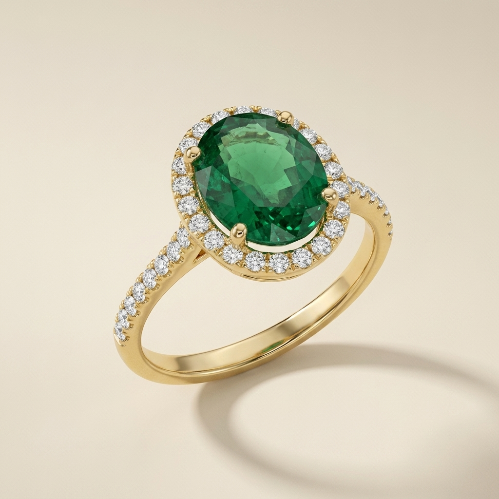 2.19ctw Emerald Gemstone & Diamond Halo Ring