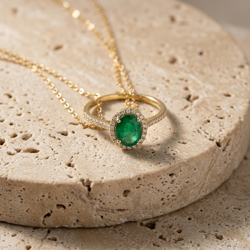 2.19ctw Emerald Gemstone & Diamond Halo Ring