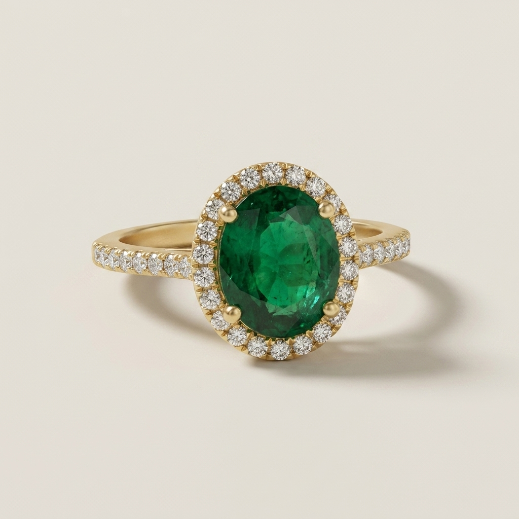 2.19ctw Emerald Gemstone & Diamond Halo Ring