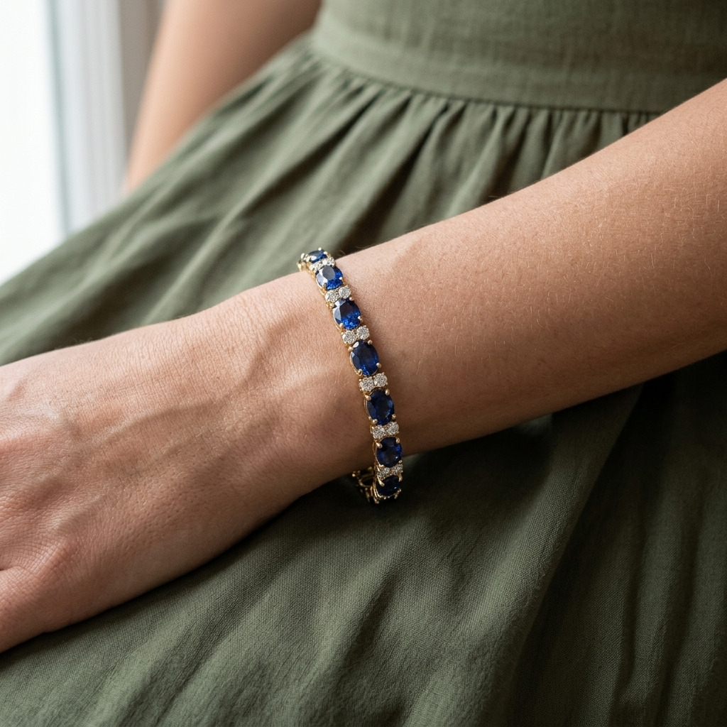 Luxurious oval-cut sapphire and diamond bracelet in yellow gold, a dazzling statement of luxury and refinement