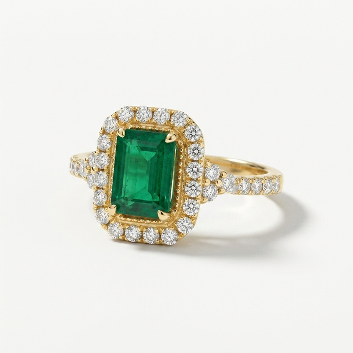 Emerald Gemstone & Diamond Halo Ring
