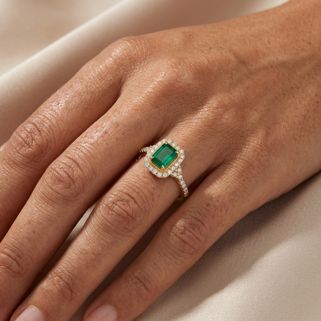 Emerald Gemstone & Diamond Halo Ring