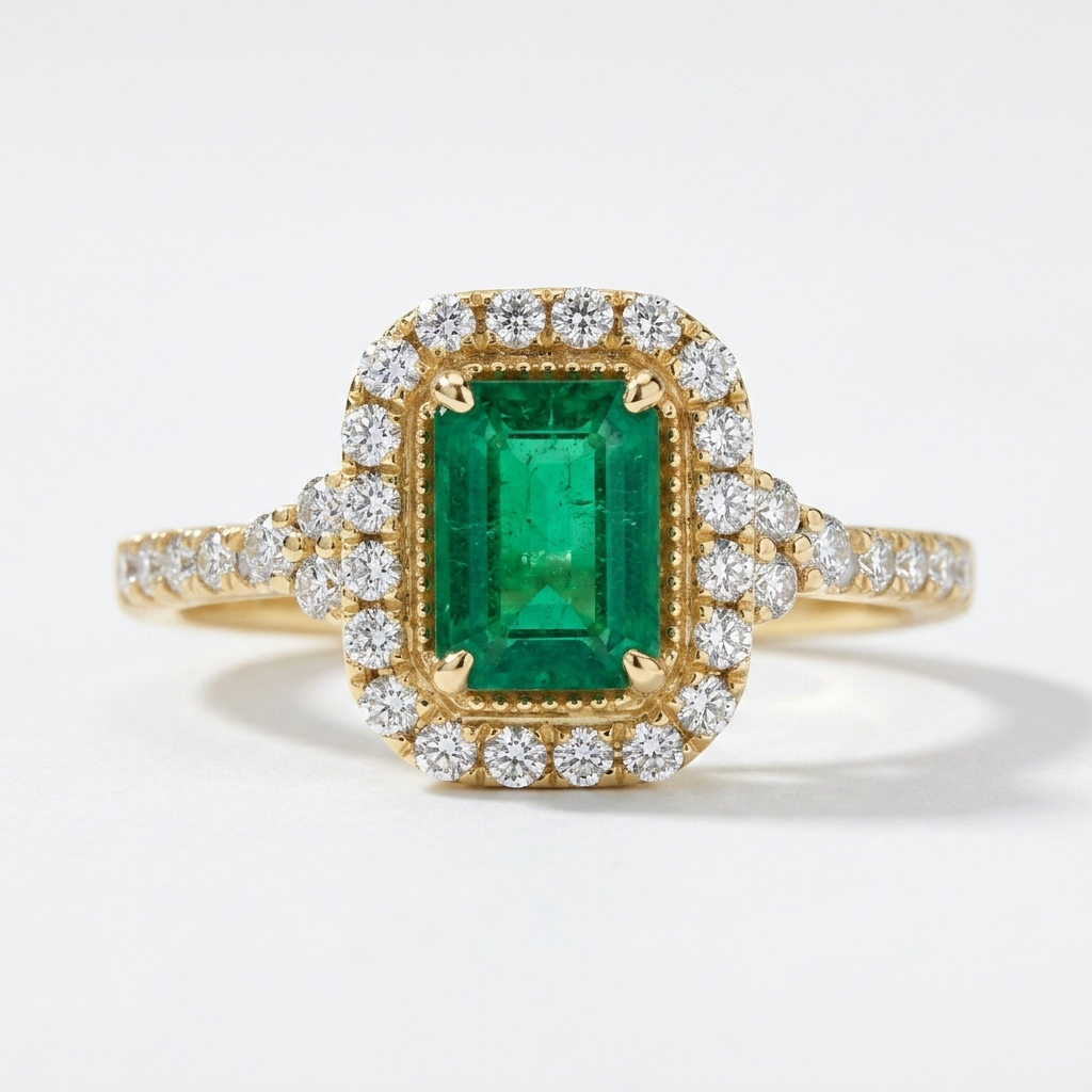 Emerald Gemstone & Diamond Halo Ring
