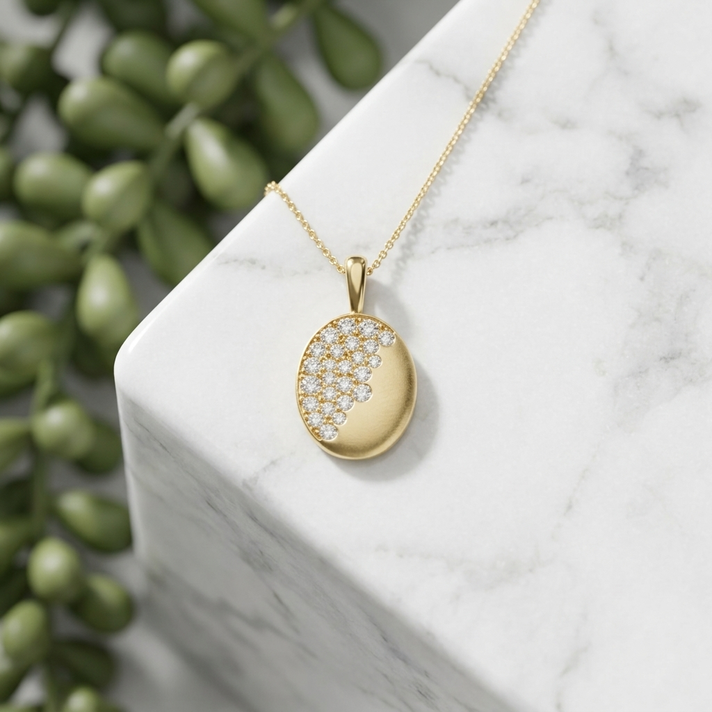 Beautiful oval-cut diamond burnish-set necklace in yellow gold, adding radiant sparkle to any occasion