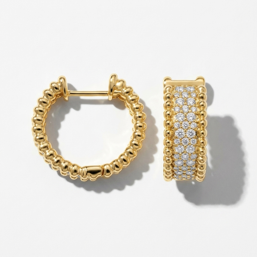 Chic diamond wide bead hoop earrings in gold, combining classic style with brilliant sparkle