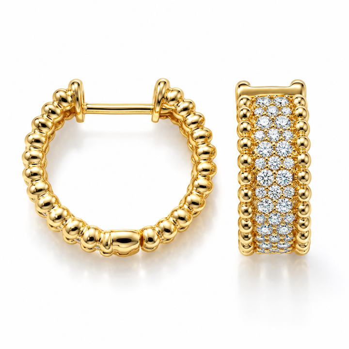 Diamond Wide Bead Gold Hoop Earrings