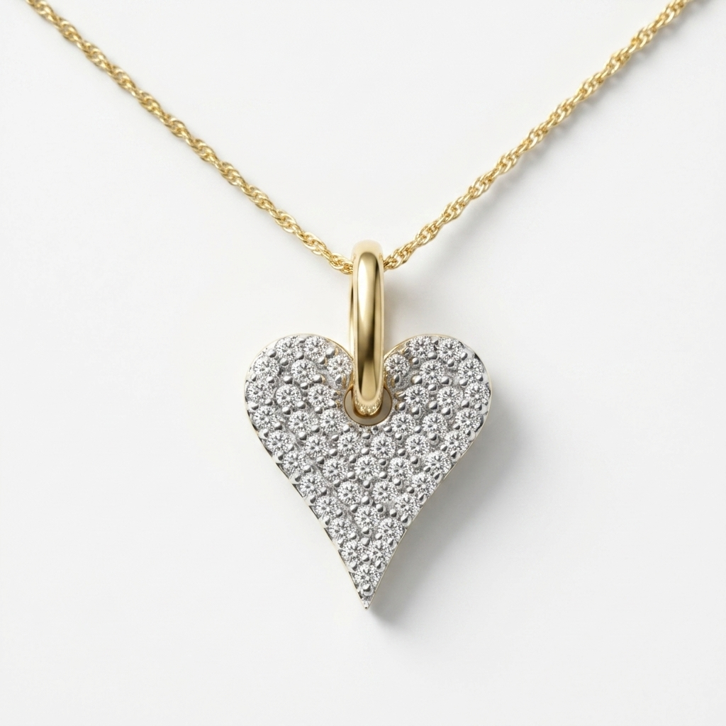 A gold heart pendant necklace featuring a pavé-set heart-shaped cluster of clear stones, suspended from a delicate gold chain on a clean white background.