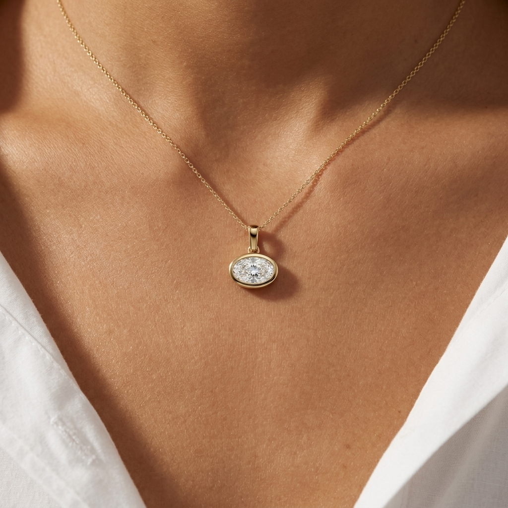 Horizontal Oval Lab Grown Diamond Bezel Set Necklace