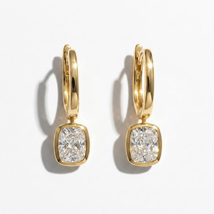 2.00ctw Cushion Lab Grown Diamond Yellow Gold Drop Earrings
