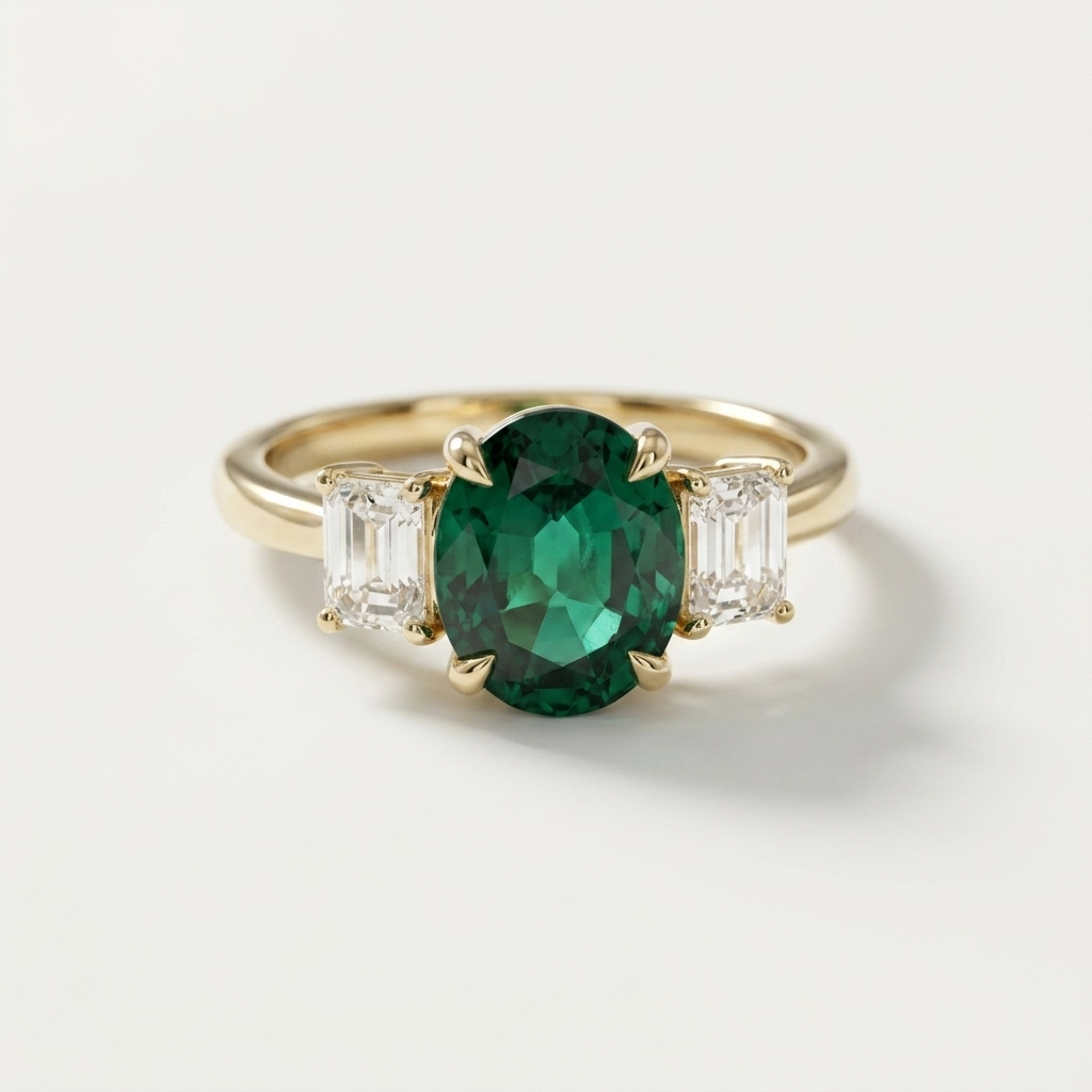 3.00ctw Oval Emerald Gemstone & Emerald Cut Lab Grown Diamond Ring