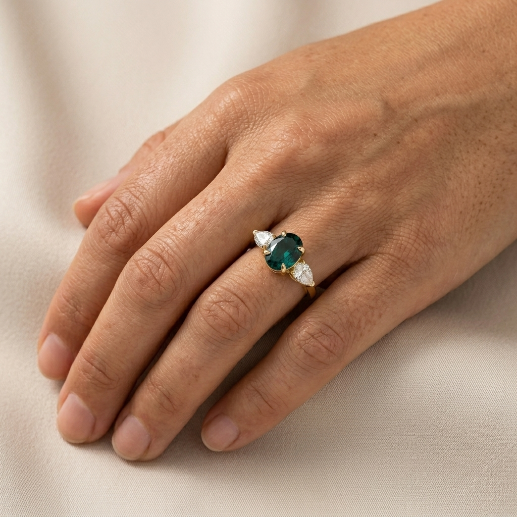 3.10ctw Oval Emerald Gemstone & Pear Lab Grown Diamond Ring