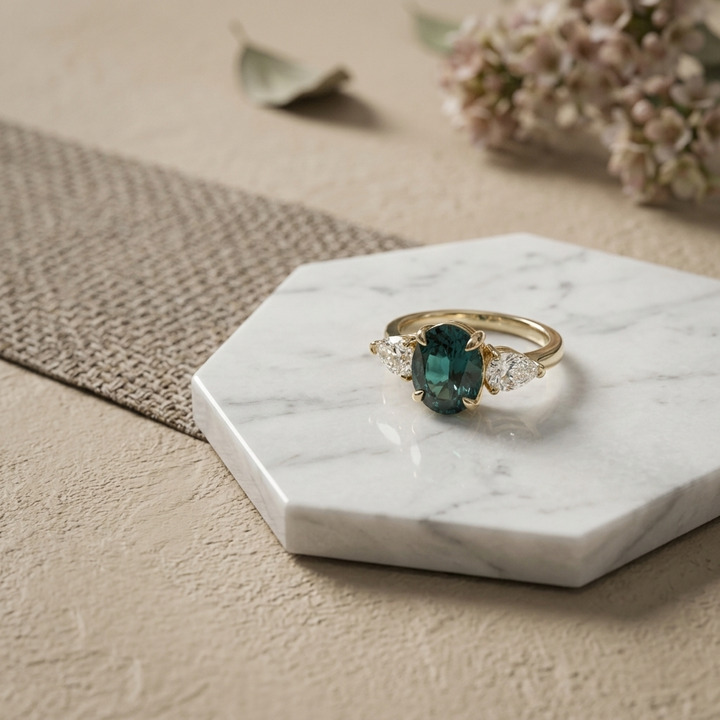 3.10ctw Oval Emerald Gemstone & Pear Lab Grown Diamond Ring