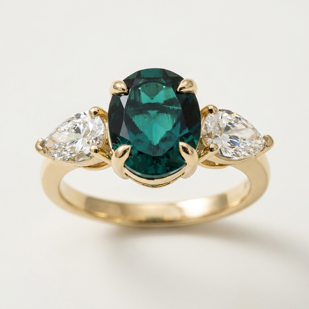 3.10ctw Oval Emerald Gemstone & Pear Lab Grown Diamond Ring