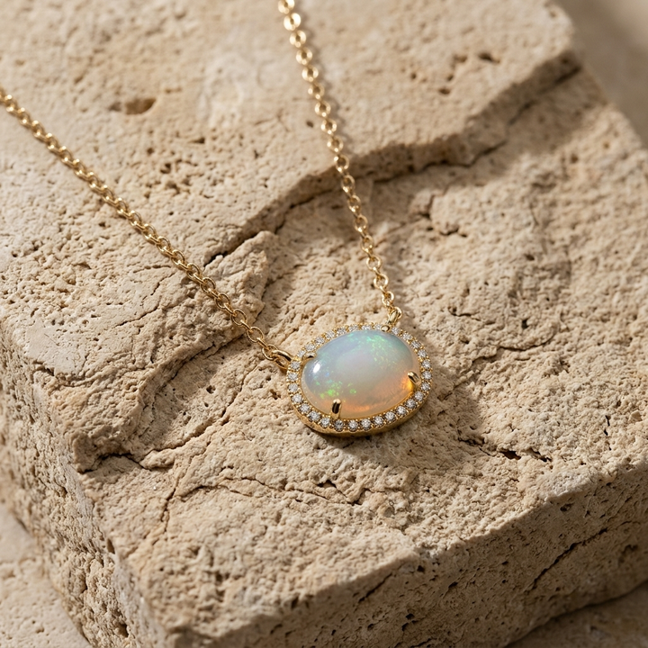 Opal & Diamond Halo Necklace