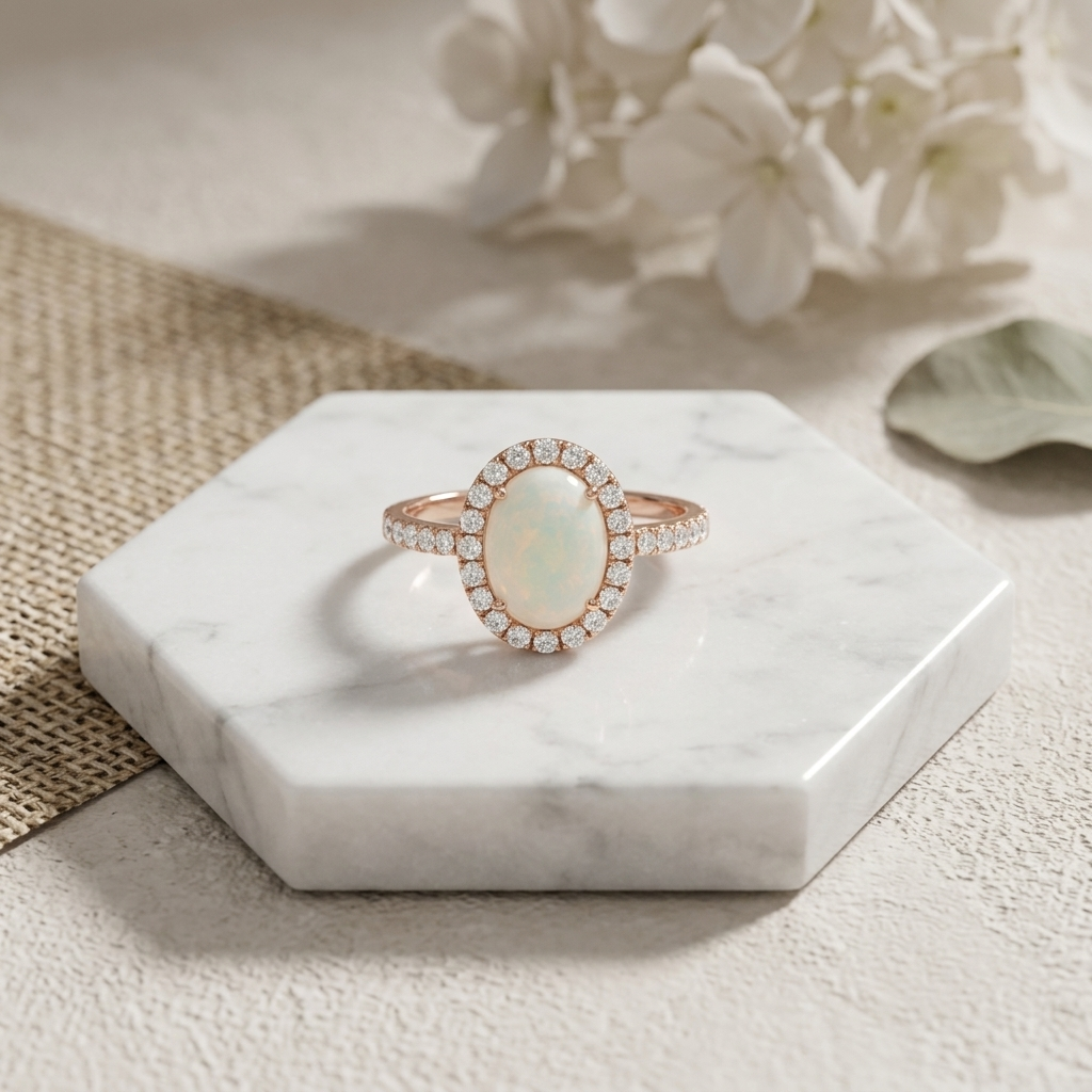 Elegant opal and diamond halo ring in rose gold, offering timeless elegance and sophistication