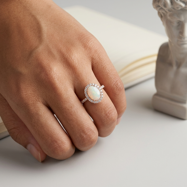 Elegant opal and diamond halo ring in rose gold, offering timeless elegance and sophistication