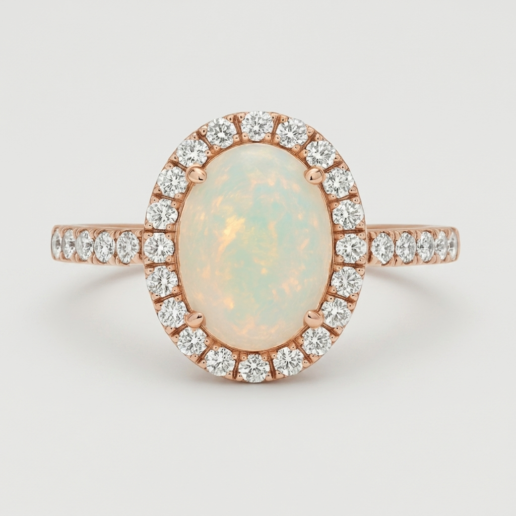 Elegant opal and diamond halo ring in rose gold, offering timeless elegance and sophistication