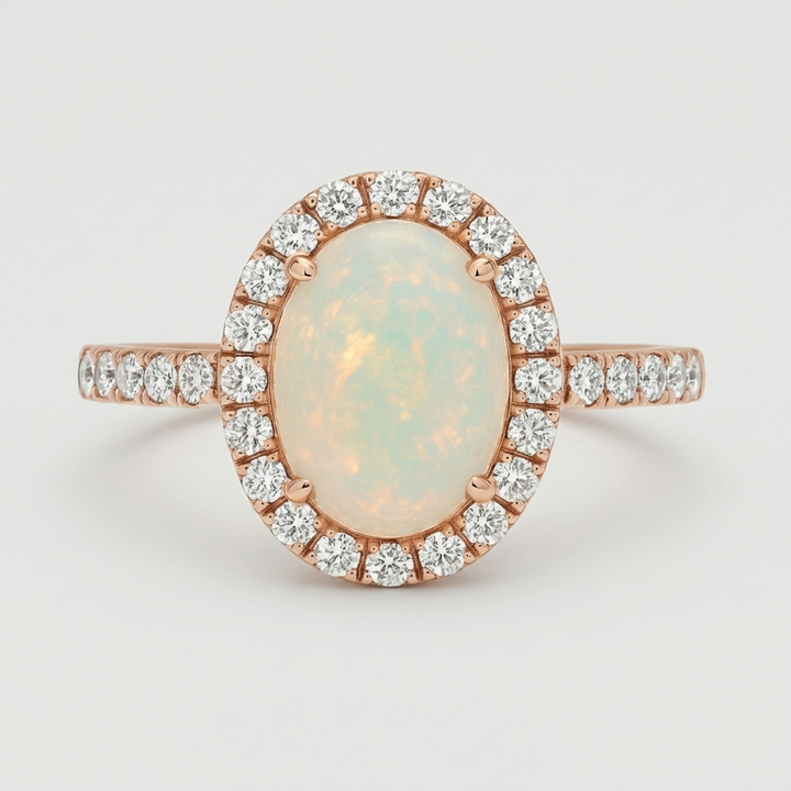 Elegant opal and diamond halo ring in rose gold, offering timeless elegance and sophistication