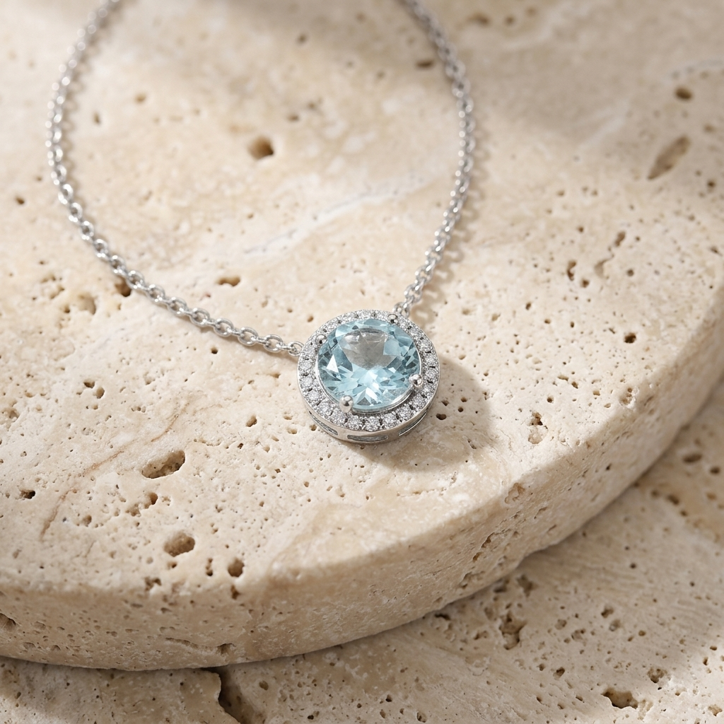 1.84ctw Aquamarine & Diamond Halo White Gold Necklace
