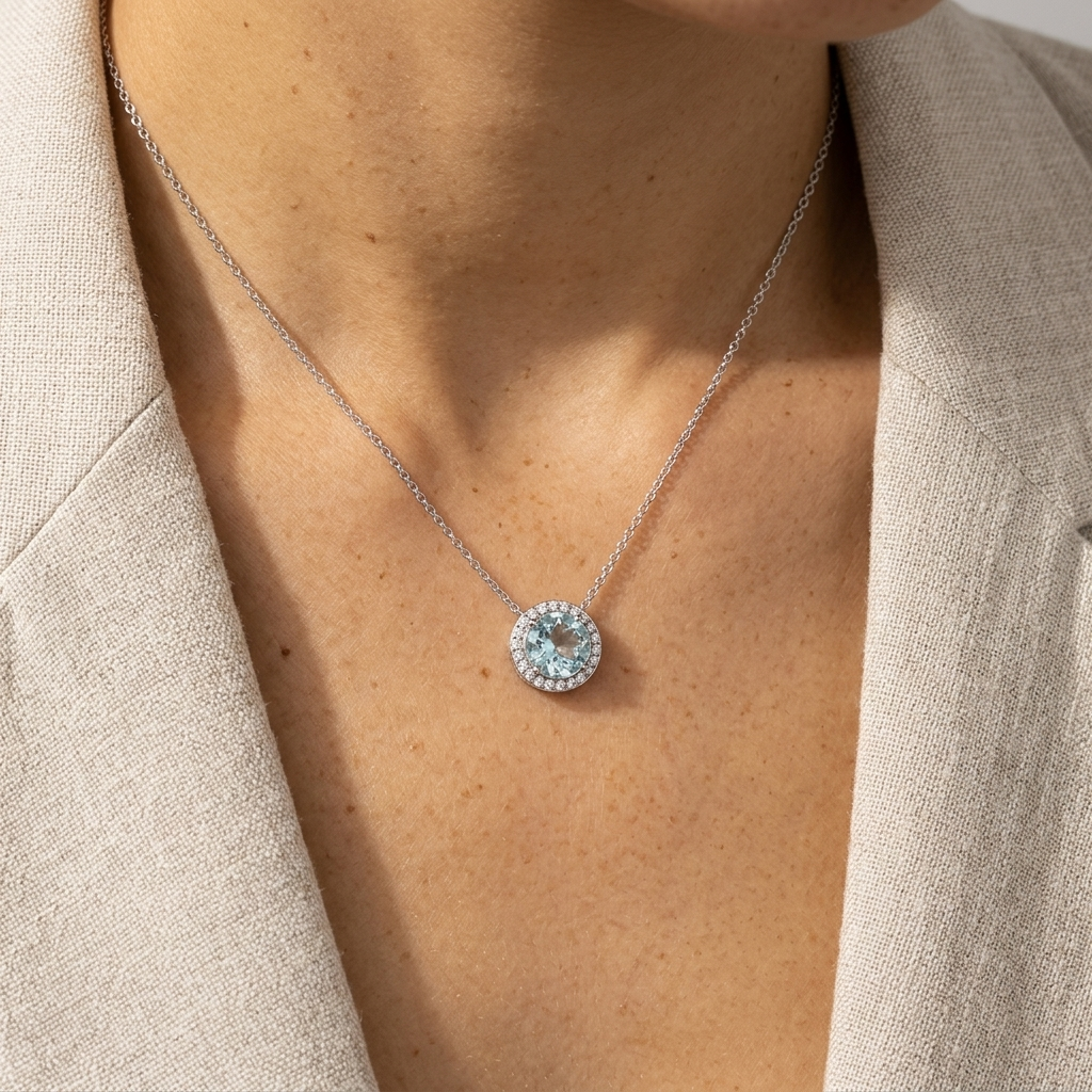 1.84ctw Aquamarine & Diamond Halo White Gold Necklace